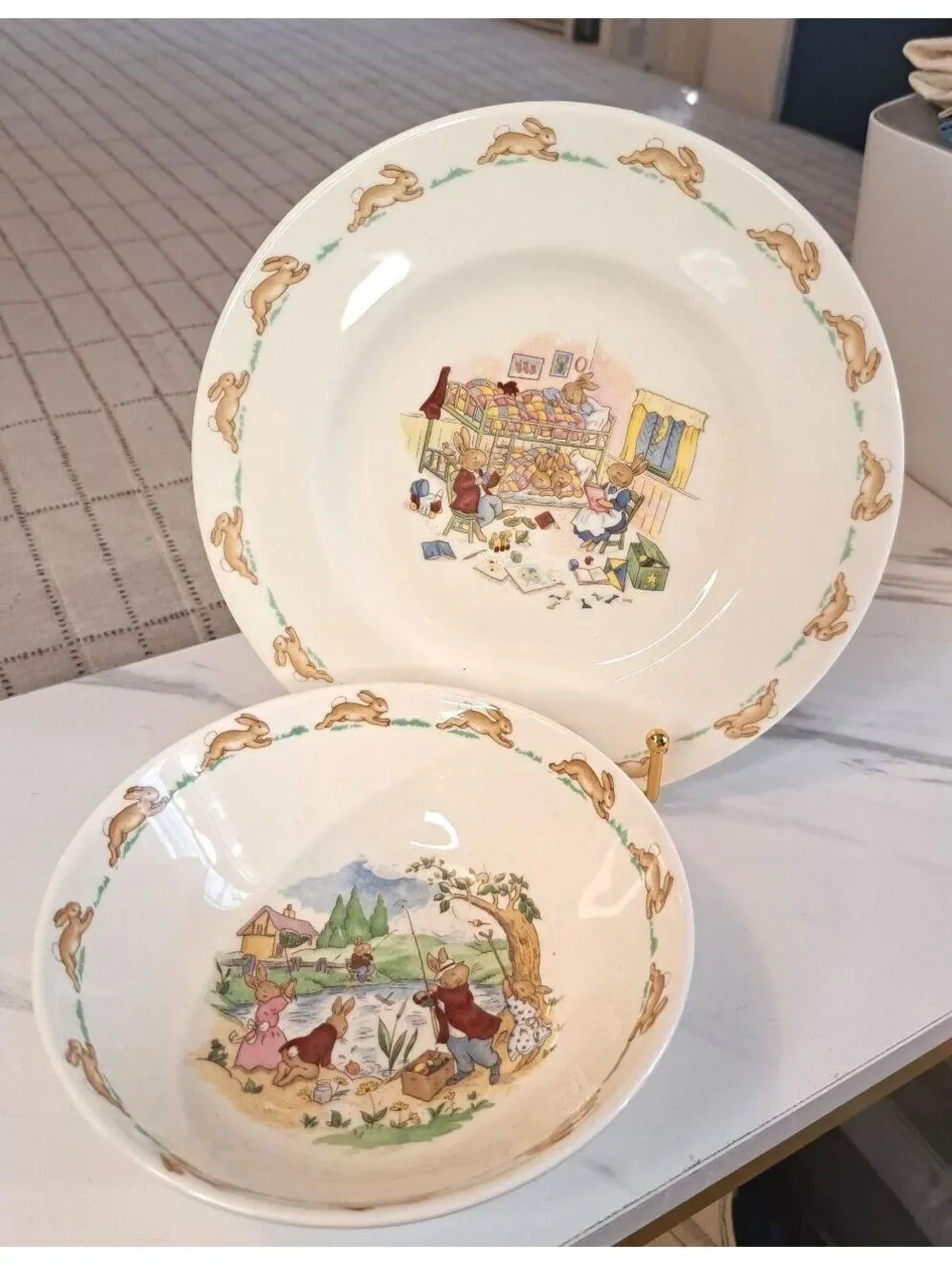 Vtg Royal Doulton English Bone China Bunnykins Child's Cereal Bowl & Plate Set